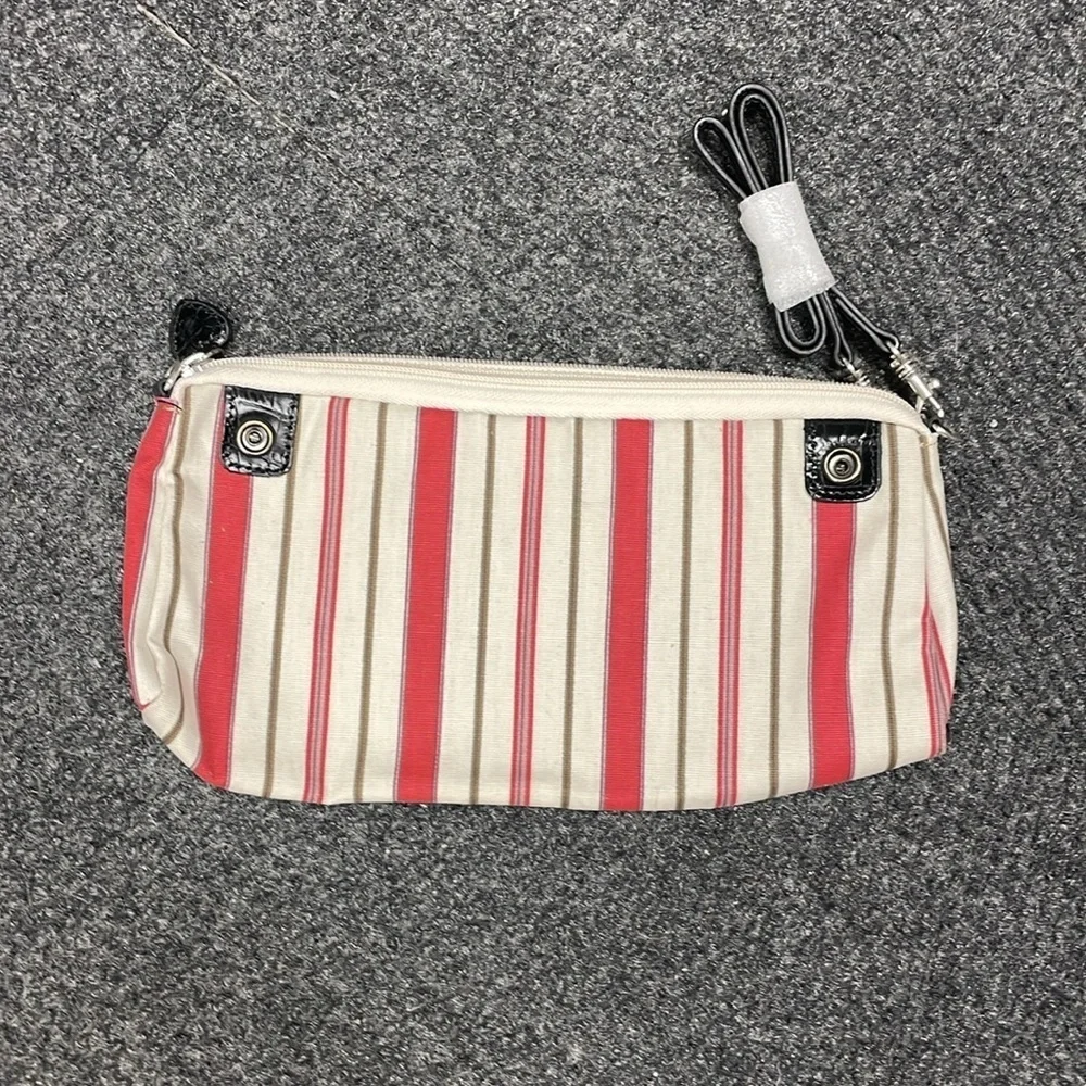 Brighton Striped Print Beach Scene Small Canvas Leather Bag NEW Cosmetic Travel